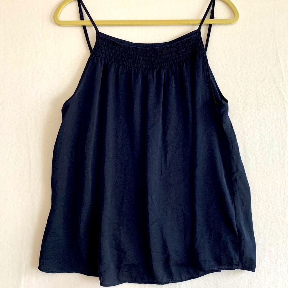 Anthropologie silk like tank in navy size large. Adjustable straps. Never worn